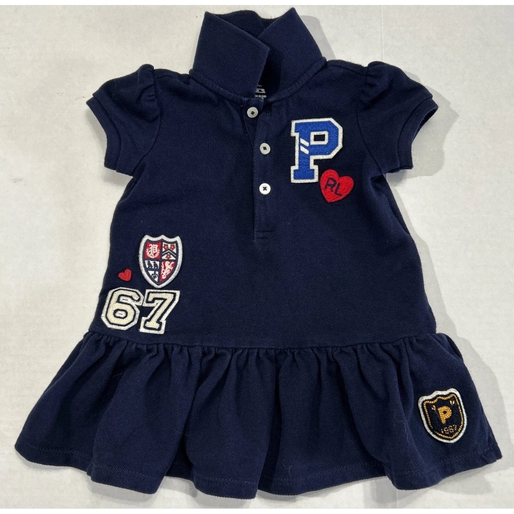 Ralph Lauren Baby Girl Polo 67 Shirt Dress Navy Blue Size 6 Months Patches